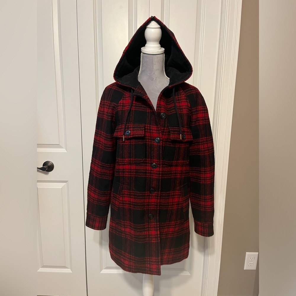 LL Bean Signature Red & Black Buffalo‎ Plaid Women's Classic Wool Coat Hooded SM